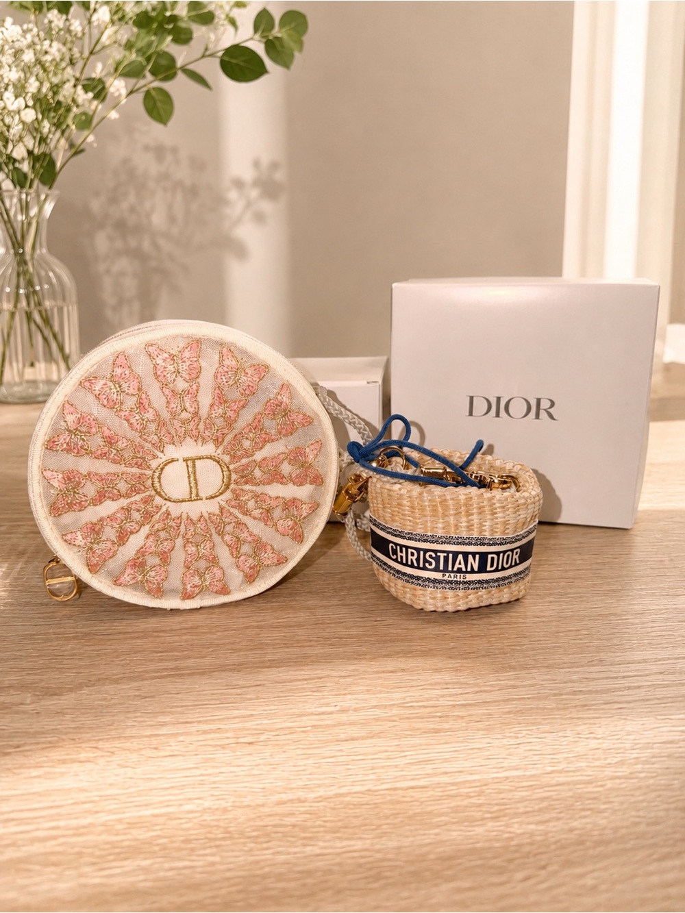 DIOR SET Embroidered Round Pouch and Crossbody bag RAFFIA Dior IN BOX